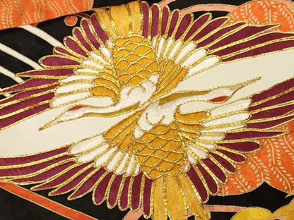平和屋着物■豪華振袖　駒刺繍　雲取り立波双鶴文　金彩　正絹　逸品　CABM1236ev