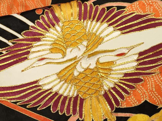 平和屋着物■豪華振袖　駒刺繍　雲取り立波双鶴文　金彩　正絹　逸品　CABM1236ev