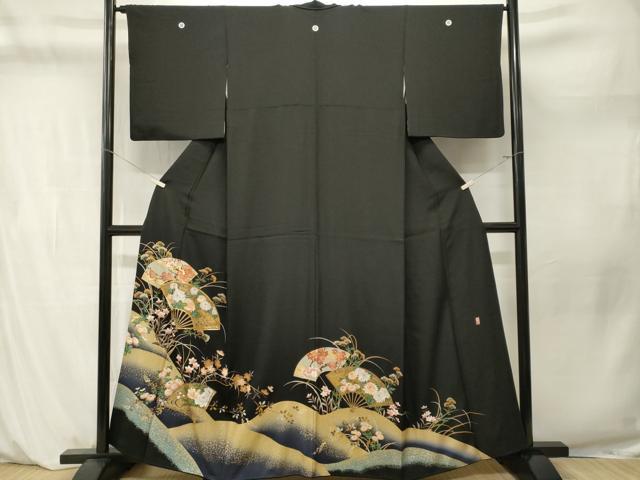 平和屋着物■豪華黒留袖　駒刺繍　萬寿染　地紙扇面草花文　暈し染め　正絹　逸品　CABM1240ev