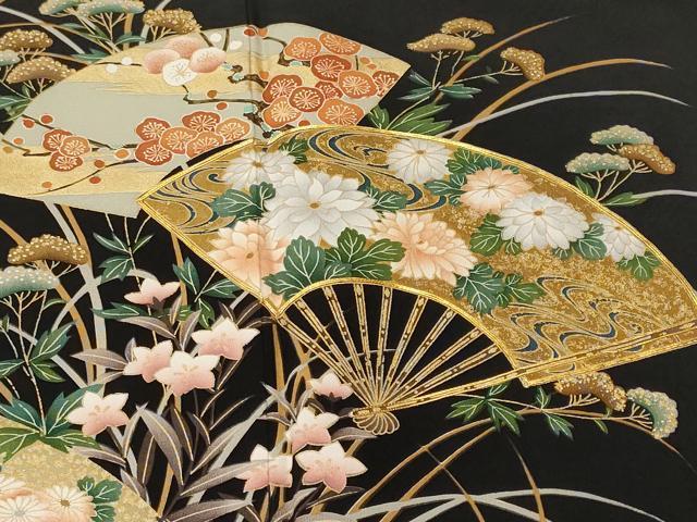 平和屋着物■豪華黒留袖　駒刺繍　萬寿染　地紙扇面草花文　暈し染め　正絹　逸品　CABM1240ev