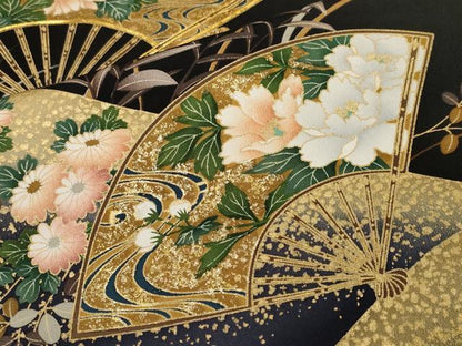 平和屋着物■豪華黒留袖　駒刺繍　萬寿染　地紙扇面草花文　暈し染め　正絹　逸品　CABM1240ev