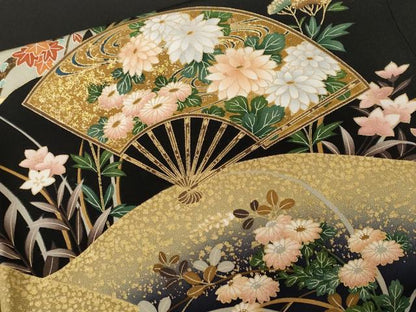 平和屋着物■豪華黒留袖　駒刺繍　萬寿染　地紙扇面草花文　暈し染め　正絹　逸品　CABM1240ev
