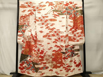 平和屋着物■豪華振袖　駒刺繍　松竹梅御所車花文　金彩　正絹　逸品　CABM1243ev