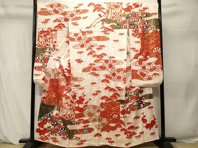 平和屋着物■豪華振袖　駒刺繍　松竹梅御所車花文　金彩　正絹　逸品　CABM1243ev