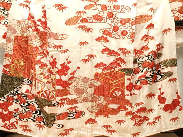 平和屋着物■豪華振袖　駒刺繍　松竹梅御所車花文　金彩　正絹　逸品　CABM1243ev