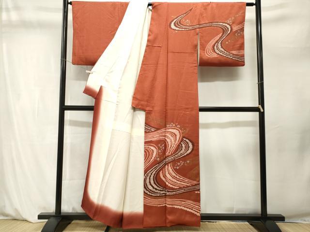 平和屋着物■訪問着　刺繍　絞り　流水舞花文　金彩　正絹　逸品　CABM1251ev