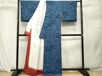 平和屋着物■上質な小紋　藍　型染め　松竹梅流水花文　鬼しぼ縮緬　正絹　逸品　CABM1262ev