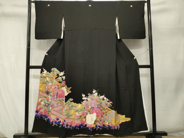 平和屋着物■豪華黒留袖　御所車草花文　金彩　正絹　逸品　CABM1289ev