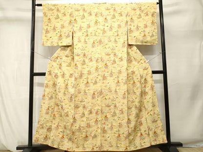 平和屋着物■上質な小紋　鉾　人物風景文　暈し染め　金彩　鬼しぼ縮緬　正絹　逸品　CABM1293ev