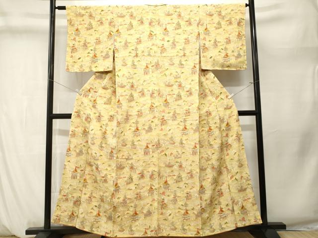 平和屋着物■上質な小紋　鉾　人物風景文　暈し染め　金彩　鬼しぼ縮緬　正絹　逸品　CABM1293ev