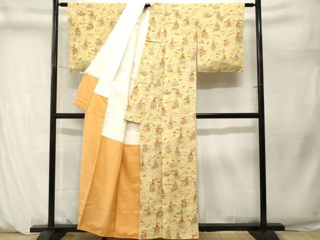 平和屋着物■上質な小紋　鉾　人物風景文　暈し染め　金彩　鬼しぼ縮緬　正絹　逸品　CABM1293ev