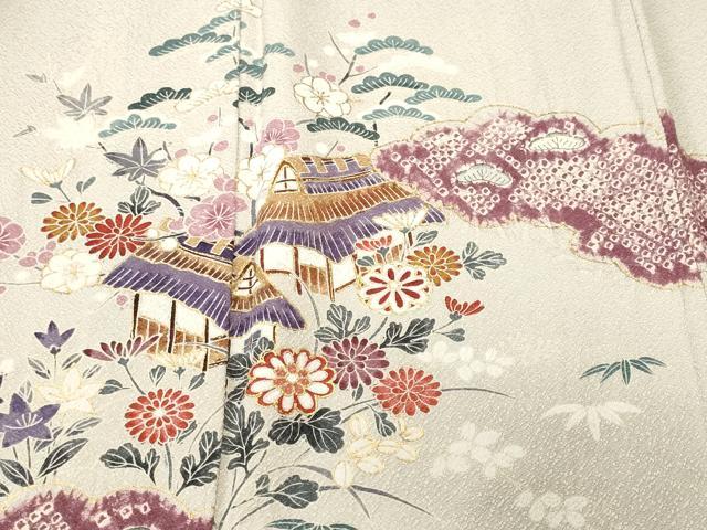 平和屋着物■訪問着　絞り　松竹梅風景文　金彩　正絹　逸品　CABM1328ev