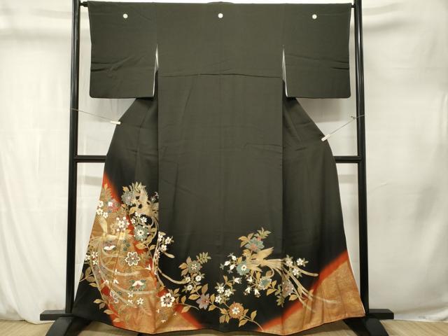平和屋着物■豪華黒留袖　鳳凰更紗枝花文　暈し染め　金彩　正絹　逸品　CABM1345ev
