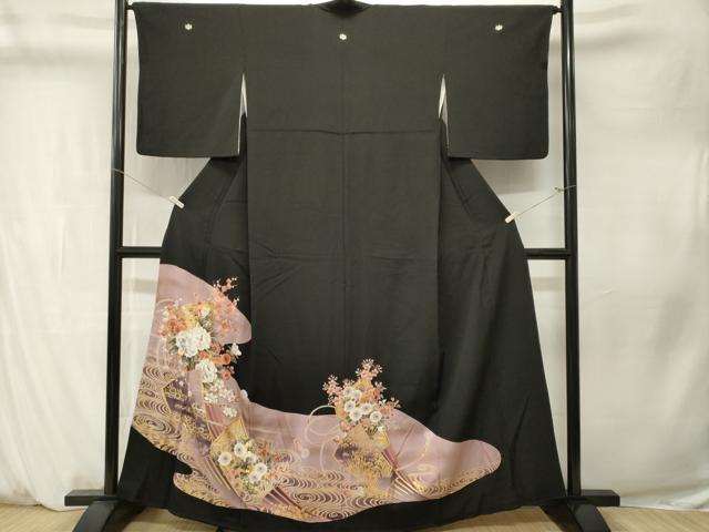 平和屋着物■豪華黒留袖　流水扇面花文　暈し染め　金彩　正絹　逸品　CABM1349ev