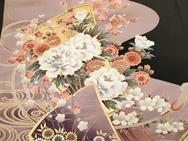 平和屋着物■豪華黒留袖　流水扇面花文　暈し染め　金彩　正絹　逸品　CABM1349ev