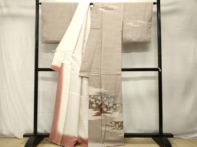 平和屋着物■訪問着　刺繍　吉祥枝花文　暈し染め　金彩　正絹　逸品　CABM1371ev