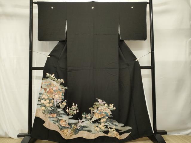 平和屋着物■豪華黒留袖　刺繍　鴛鴦扇面枝花文　暈し染め　金彩　正絹　逸品　CABM1383ev