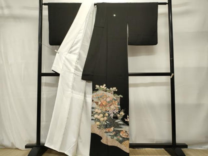 平和屋着物■豪華黒留袖　刺繍　鴛鴦扇面枝花文　暈し染め　金彩　正絹　逸品　CABM1383ev