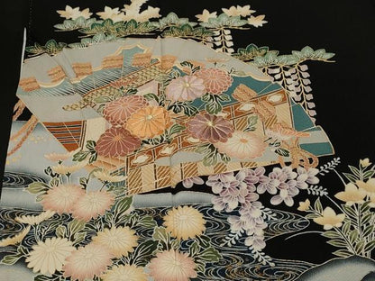 平和屋着物■豪華黒留袖　刺繍　鴛鴦扇面枝花文　暈し染め　金彩　正絹　逸品　CABM1383ev