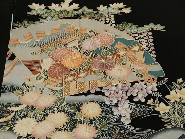 平和屋着物■豪華黒留袖　刺繍　鴛鴦扇面枝花文　暈し染め　金彩　正絹　逸品　CABM1383ev