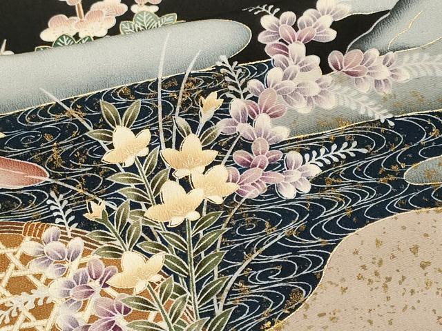 平和屋着物■豪華黒留袖　刺繍　鴛鴦扇面枝花文　暈し染め　金彩　正絹　逸品　CABM1383ev