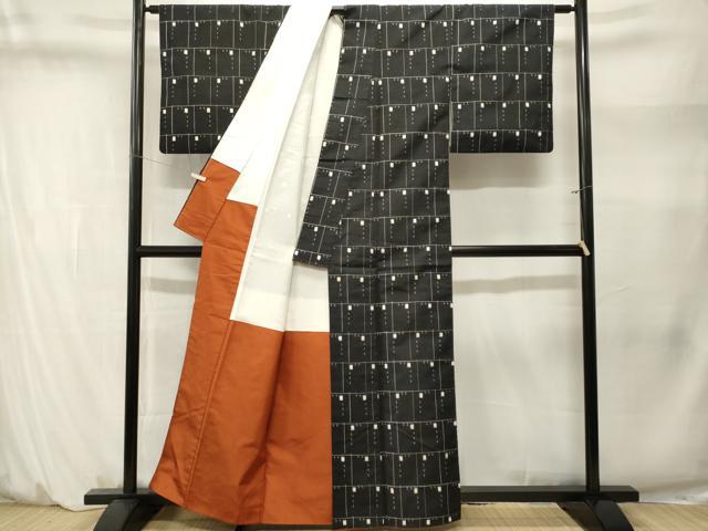 平和屋着物■上質な紬　幾何学文　黒地　正絹　逸品　CABM1431ev