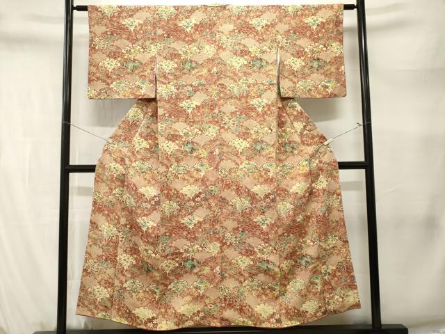 平和屋着物■上質な小紋　型染め　雪輪重ね草花文　鬼しぼ縮緬　正絹　逸品　CABM1459ev