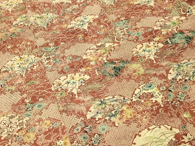 平和屋着物■上質な小紋　型染め　雪輪重ね草花文　鬼しぼ縮緬　正絹　逸品　CABM1459ev