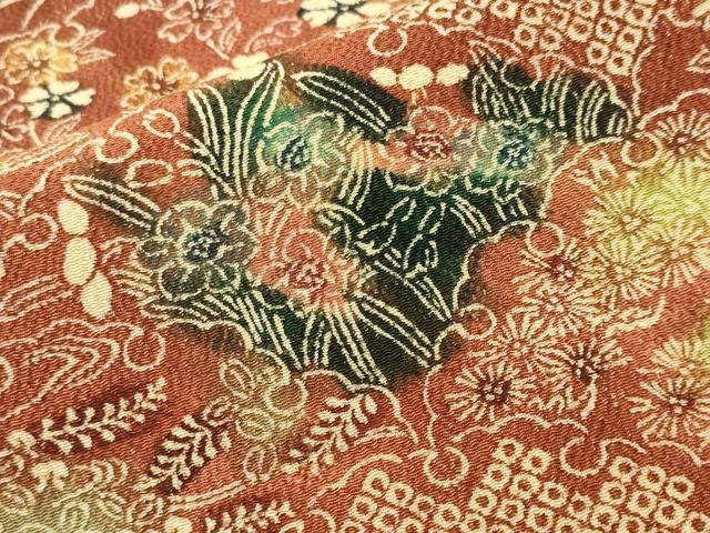 平和屋着物■上質な小紋　型染め　雪輪重ね草花文　鬼しぼ縮緬　正絹　逸品　CABM1459ev