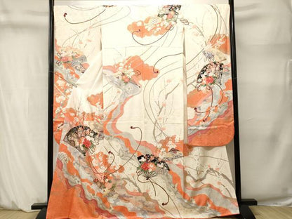 平和屋着物■豪華振袖　道長御所車扇面孔雀花文　金銀彩　正絹　逸品　CABM1462ev