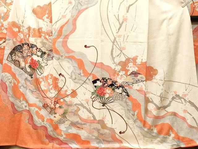 平和屋着物■豪華振袖　道長御所車扇面孔雀花文　金銀彩　正絹　逸品　CABM1462ev