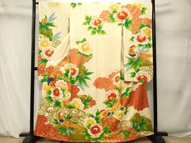 平和屋着物■豪華振袖　駒刺繍　尾長鳥流水草花文　金彩　正絹　逸品　CABM1467ev