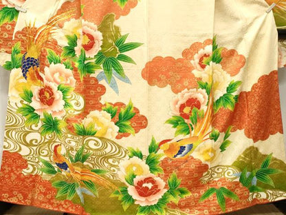 平和屋着物■豪華振袖　駒刺繍　尾長鳥流水草花文　金彩　正絹　逸品　CABM1467ev