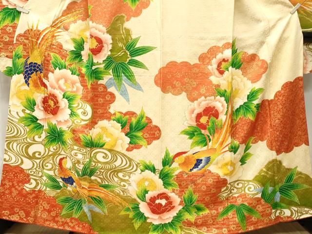平和屋着物■豪華振袖　駒刺繍　尾長鳥流水草花文　金彩　正絹　逸品　CABM1467ev