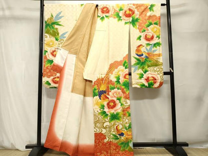 平和屋着物■豪華振袖　駒刺繍　尾長鳥流水草花文　金彩　正絹　逸品　CABM1467ev