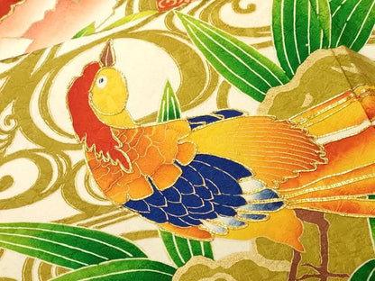 平和屋着物■豪華振袖　駒刺繍　尾長鳥流水草花文　金彩　正絹　逸品　CABM1467ev