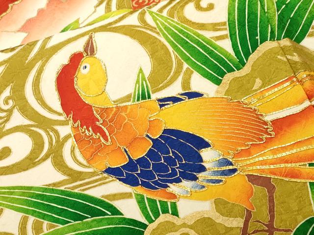平和屋着物■豪華振袖　駒刺繍　尾長鳥流水草花文　金彩　正絹　逸品　CABM1467ev