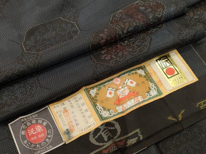 平和屋着物■本場大島紬　泥染め　幾何学菱花文　有川敏雄作　証紙付き　正絹　逸品　CABM1470ev