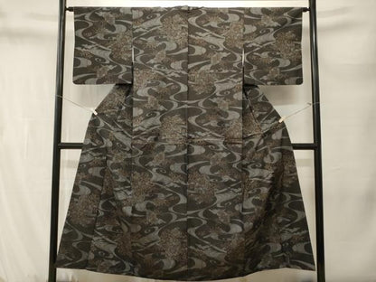 平和屋着物■上質な紬　流水亀甲花文　黒地　正絹　逸品　CABM1473ev