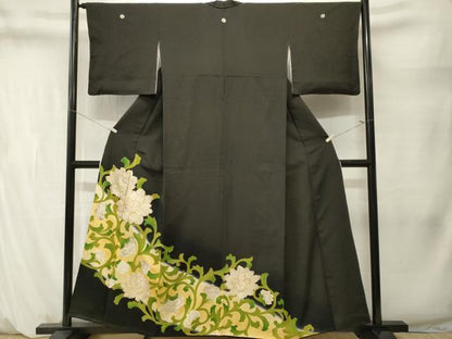 平和屋着物■豪華黒留袖　駒刺繍　花唐草文　暈し染め　金彩　正絹　逸品　CABM1475ev