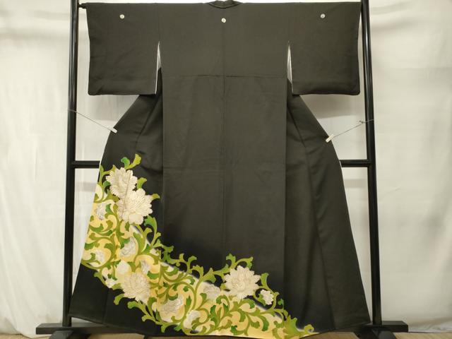 平和屋着物■豪華黒留袖　駒刺繍　花唐草文　暈し染め　金彩　正絹　逸品　CABM1475ev