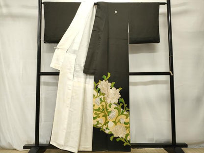 平和屋着物■豪華黒留袖　駒刺繍　花唐草文　暈し染め　金彩　正絹　逸品　CABM1475ev