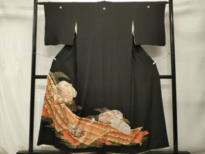 平和屋着物■豪華黒留袖　駒刺繍　文箱御所車花文　金彩　正絹　逸品　CABM1489ev