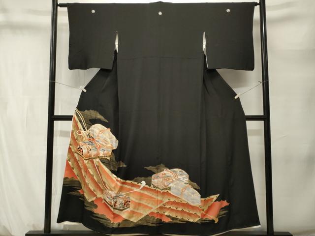 平和屋着物■豪華黒留袖　駒刺繍　文箱御所車花文　金彩　正絹　逸品　CABM1489ev