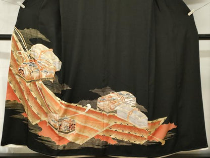 平和屋着物■豪華黒留袖　駒刺繍　文箱御所車花文　金彩　正絹　逸品　CABM1489ev