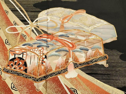 平和屋着物■豪華黒留袖　駒刺繍　文箱御所車花文　金彩　正絹　逸品　CABM1489ev