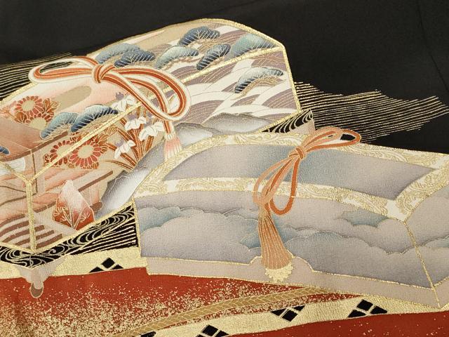 平和屋着物■豪華黒留袖　駒刺繍　文箱御所車花文　金彩　正絹　逸品　CABM1489ev