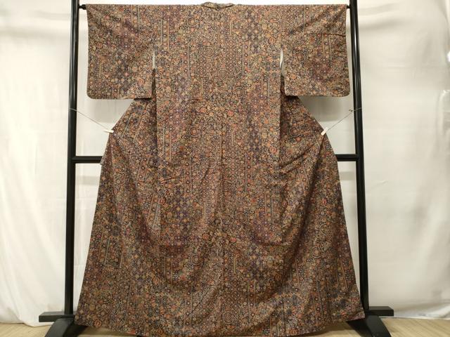 平和屋着物■上質な小紋　紬地　更紗草花文　正絹　逸品　CABM1513ev