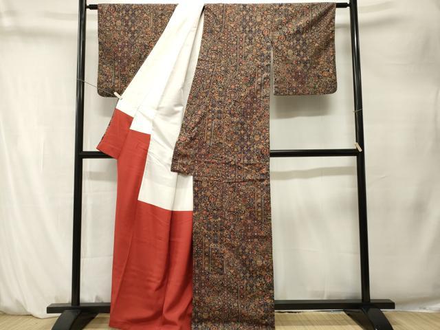 平和屋着物■上質な小紋　紬地　更紗草花文　正絹　逸品　CABM1513ev