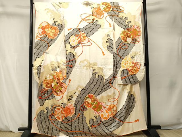 平和屋着物■豪華振袖　駒刺繍　立波鼓花文　金彩　正絹　逸品　CABM1523ev